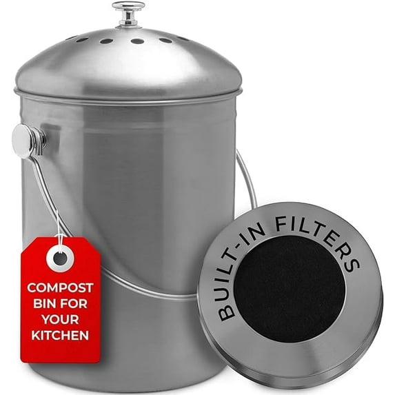 Countertop Compost Bin Kitchen | 1.3 Gallon | Odorless Composting Bin with Carbon Filters | Indoor Compost Bin with Lid | Stainless Steel Kitchen Composter for Food Scraps & Waste Recycling