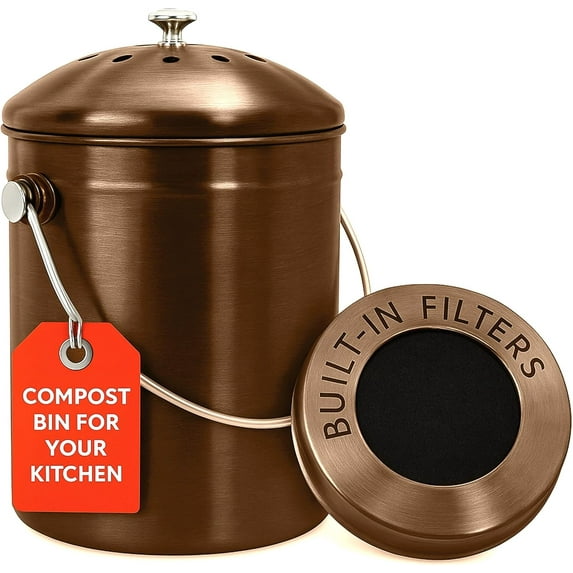 Countertop Compost Bin Kitchen | 1.3 Gallon | Odorless Composting Bin with Carbon Filters | Indoor Compost Bin with Lid | Stainless Steel Kitchen Composter for Food Scraps & Waste Recycling