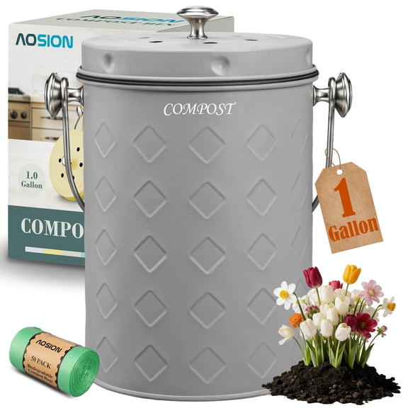 Countertop Compost Bin Kitchen,Odorless Indoor Compost Bin with Lid,Farmhouse Composter Container for Food Waste,Includes 2 Carbon Filters, Small Compost Bucket,Trash Bags,Grey