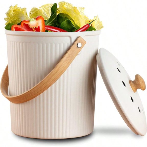 Countertop Compost Bin With Lid Made Of  Bamboo Fiber Odorless Kitchen Compost Bucket 1 Gallon Cream