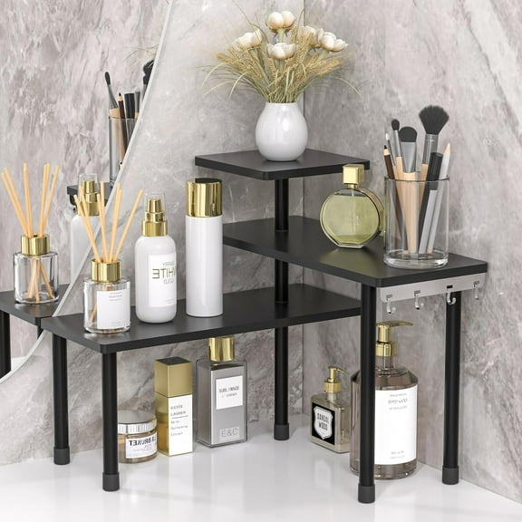 Countertop Corner Shelf, 3 Tier Shelf Moveable Organizer for Bathroom Counter, Make Up, Dresser Table, Desktop (Black)