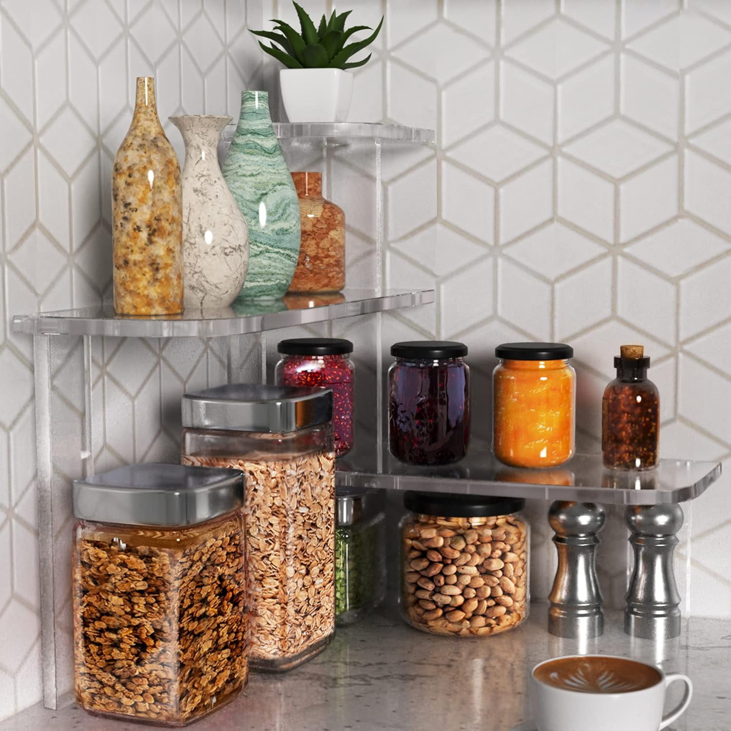 Countertop Corner Shelf Organizer (Clear) 3 Tier Shelves For Kitchen