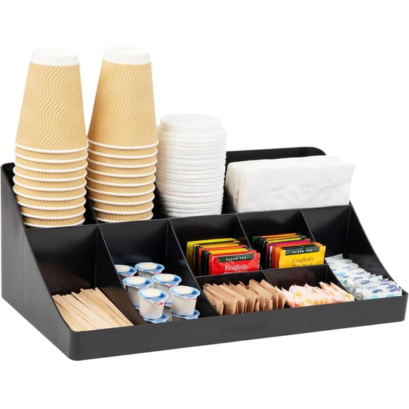 Countertop Cup & Condiment Station, Coffee Bar Organizer for Stirrers, Sugar & Creamers, Black