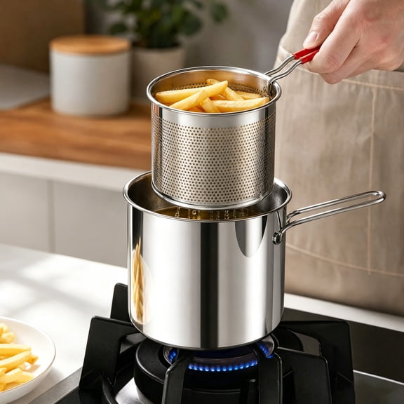 Countertop Deep Fryer, Mini Fryer with Basket, 304 Stainless Steel Small Deep Fryer for Chicken Legs, Fries, Cutlets