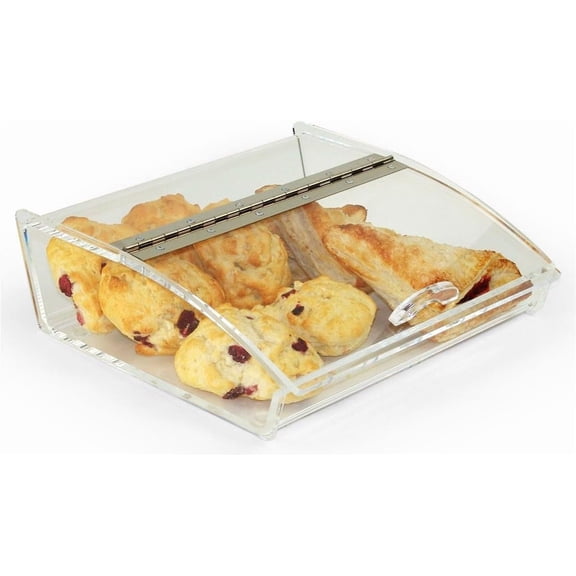Countertop Food Display Case With Curved Lid, Clear Acrylic With Hinged Door And Non-Skid Rubber Feet