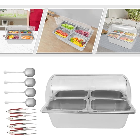 Countertop Food Display Container 4 Pans with 3 Ice Packs Cold Food Serving Tray Buffet Condiment Dispenser Salad Dressing Appetizer Spice Fruit Cold Serving