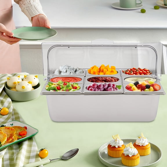 Countertop Food Display Container 9 Pans with 3 Ice Packs Cold Food Serving Tray Buffet Condiment Dispenser Salad Dressing Appetizer Spice Fruit Cold Serving Buffet Tray