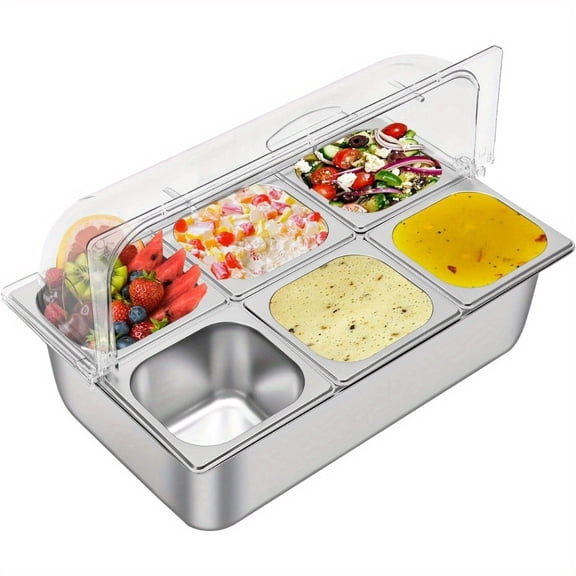 Countertop Food Display Container, Ice Food Serving Tray, Salad Dressing Appetizer Spice Fruit Cold Serving Buffet Tray, 6 Pans Condiment Dispenser