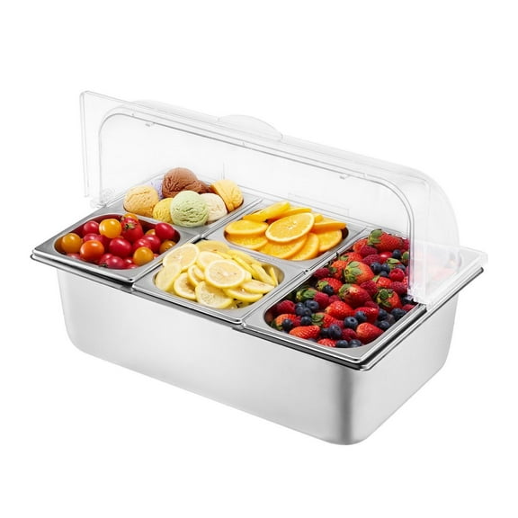 Countertop Food Serving Display Container, 5 Pan Condiment Dispenser with Lid - Stainless Steel Chafing Dish for Warm & Cold Food, Restaurant Buffet Server