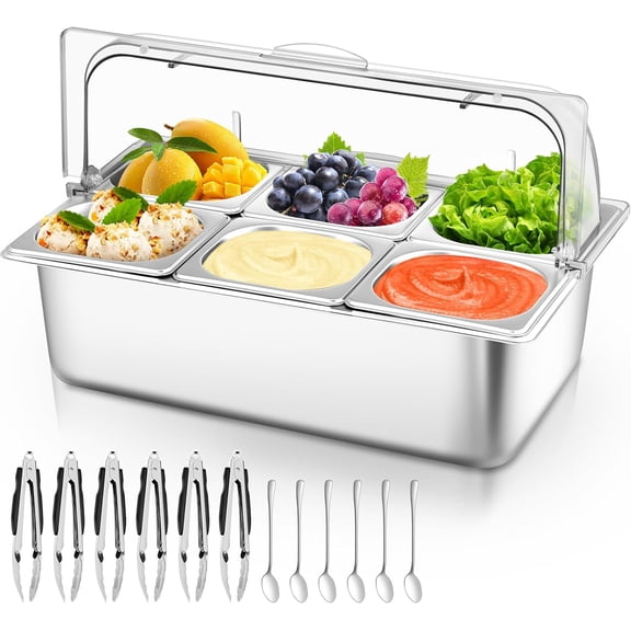Countertop Food Serving Display Container, 6 Pan Stainless Steel Food Serving Tray, Buffet Condiment Dispenser Display Rack with Clear Lid & 3 Freezer Boxes, for Restaurant Hotel Kitchen Party