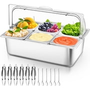 Countertop Food Serving Display Container, 6 Pan Stainless Steel Food Serving Tray, Buffet Condiment Dispenser Display Rack with Clear Lid & 3 Freezer Boxes, for Restaurant Hotel Kitchen Party