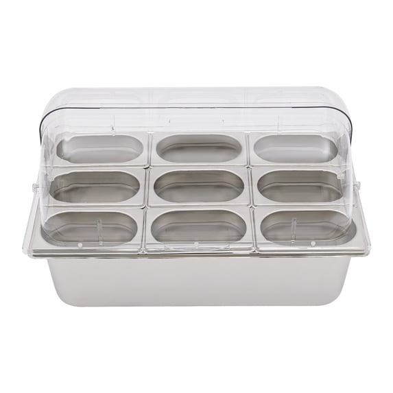 Countertop Food Serving Display Container, 9 Compartments Stainless Steel Condiment Dispenser Display Rack with Lid, 9 Pcs Clamps 9 Pcs Spoons 3 Pcs Water Bags for Salad Buffet Restaurant Bar Fruit
