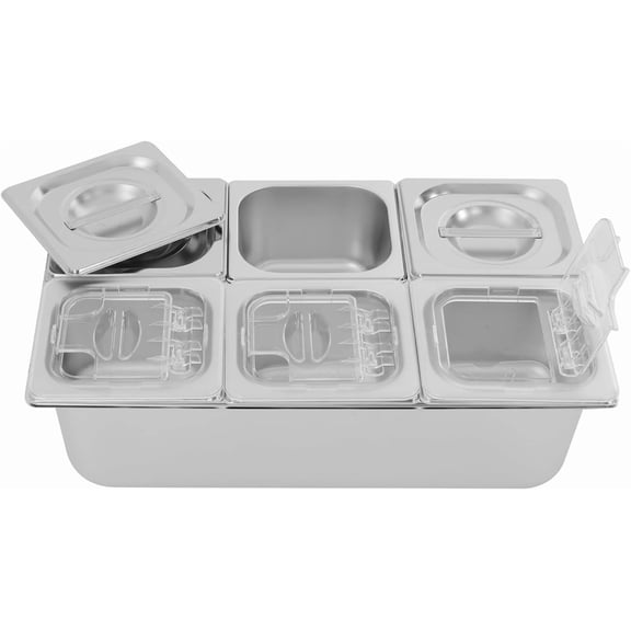 Countertop Ice Food Serving Display Container 6 Pans Cooled Condiment Dispenser Salad Dressing Spice Display Rack with Acrylic Lids and Water-Filtering Gaskets