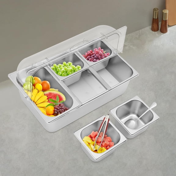 Countertop Ice Food Serving Display Container with Clear Roll Top Cover, Condiment Containers Set Stainless Steel Salad Bar Buffet Station for Home Restaurant Kitchen Party (5 Pan)