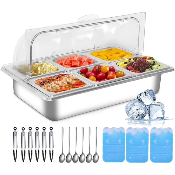 Countertop Ice Food Serving Display Tray with 6 Pan, Portable Salad Bar Buffet Station for Home, Cold Food Buffet Server, Ice Serving Trays for Parties, Pizza Topping Station Cooling Trays for Food