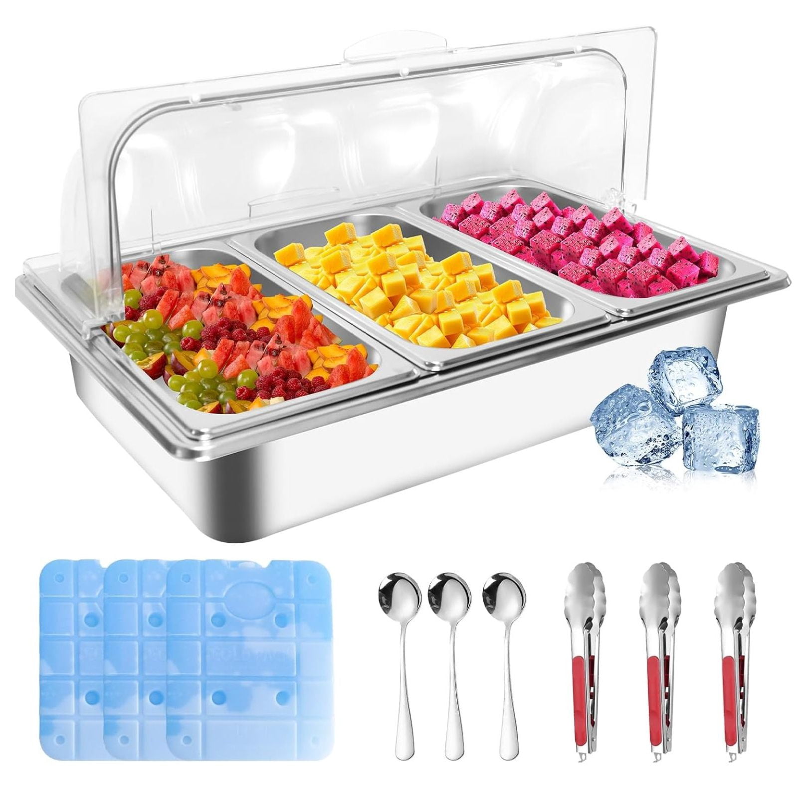 Countertop Ice Food Serving Tray with 3 Pan, Portable Salad Bar Buffet ...