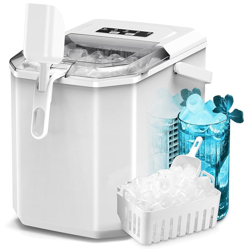 Countertop Ice Maker, 26.5Lbs/24H, 9 Bullet Cubes in 6 Mins, Self-Cleaning Portable Ice Machine with 2 Ice Sizes (S/L), Quiet Compact Design, Double Handles, for Home, Party, RV, Camping, White
