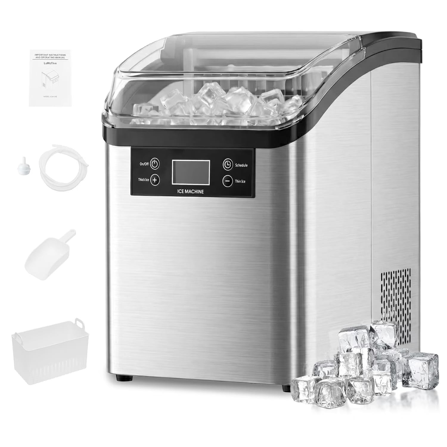 Countertop Ice Maker, 45Lbs/Day Clear Ice Cube Maker with Self-Priming Water Supply, 24 Cubes Ready in 13 Mins, 6 Ice Thickness Levels, Stainless Steel Ice Maker Machine for Home Kitchen Office Bar
