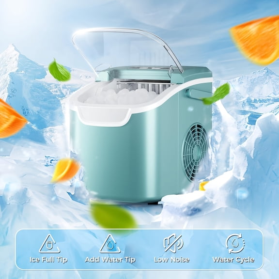 Countertop Ice Maker, 9 Ice Cubes in 6 Mins, 26.5Lbs/ 24H Self-Cleaning Portable Ice Machine with 2 Sizes(S/ L), for Home/ Kitchen/ RV, Green/ Black/ White
