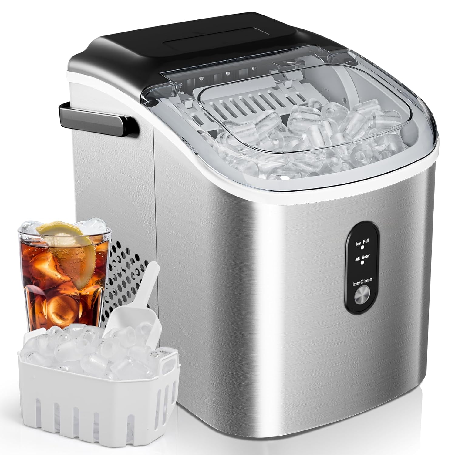 Countertop Ice Maker with Carry Handle, 26.5lbs Per Day, Produces 9 Cubes in 6 Minutes, Auto-Cleaning Function, Includes Basket and Scoop for Home, Kitchen, Camping, RV