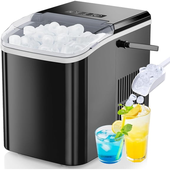 Countertop Ice Maker with Handle, 26lbs/24H Portable Ice Machine, 9 Bullet Cubes Ready in 6 Mins, Self-Cleaning, Quiet Compact for Home, Kitchen, RV, Camping, Bright Black