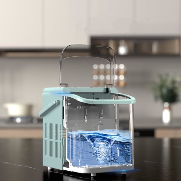 Countertop Ice Maker with Handle, 26lbs/24H Portable Ice Machine, 9 Bullet Cubes Ready in 6 Mins, Self-Cleaning, Quiet Compact for Home, Kitchen, RV, Camping, Green
