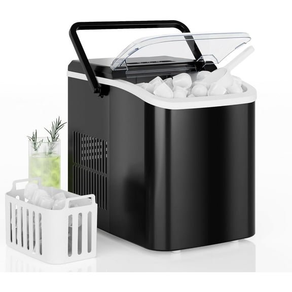 Countertop Ice Maker with Handle, 26lbs/24H Portable Ice Machine, 9 Bullet Ice Cubes Ready in 6 Mins, Self-Cleaning, Quiet Compact Ice Maker for Home, Kitchen, RV, Camping, Black