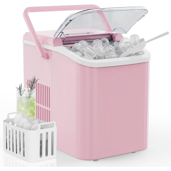 Portable Ice Maker with Handle, 26lbs/24H Compact Ice Machine, 9 Bullet Ice Cubes Ready in 6 Minutes, Self-Cleaning, Quiet for Home Kitchen RV Camping, Pink