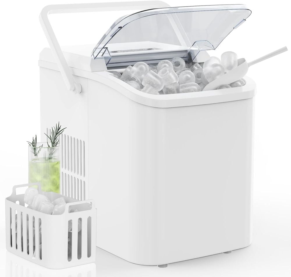 Countertop Ice Maker with Handle, 26lbs/24H Portable Ice Machine, 9 Bullet Ice Cubes Ready in 6 Mins, Self-Cleaning, Quiet Compact Ice Maker for Home, Kitchen, RV, Camping