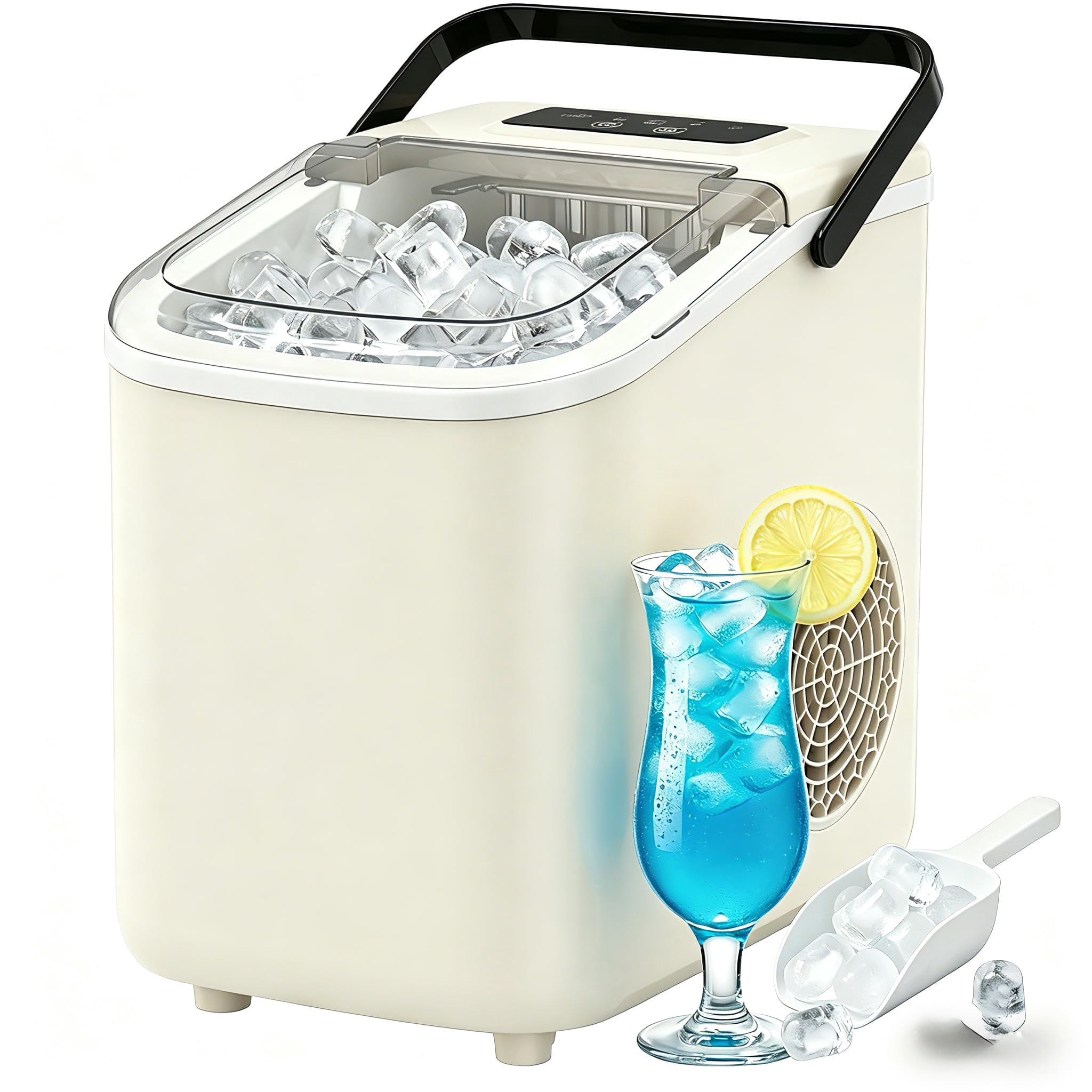 Countertop Ice Maker with Handle, Small Portable Self-Cleaning Ice Machine with Basket and Scoop， 26lbs/24H, 9 Ice Cubes in 6 Mins, for Home, Kitchen, Parties, Camping