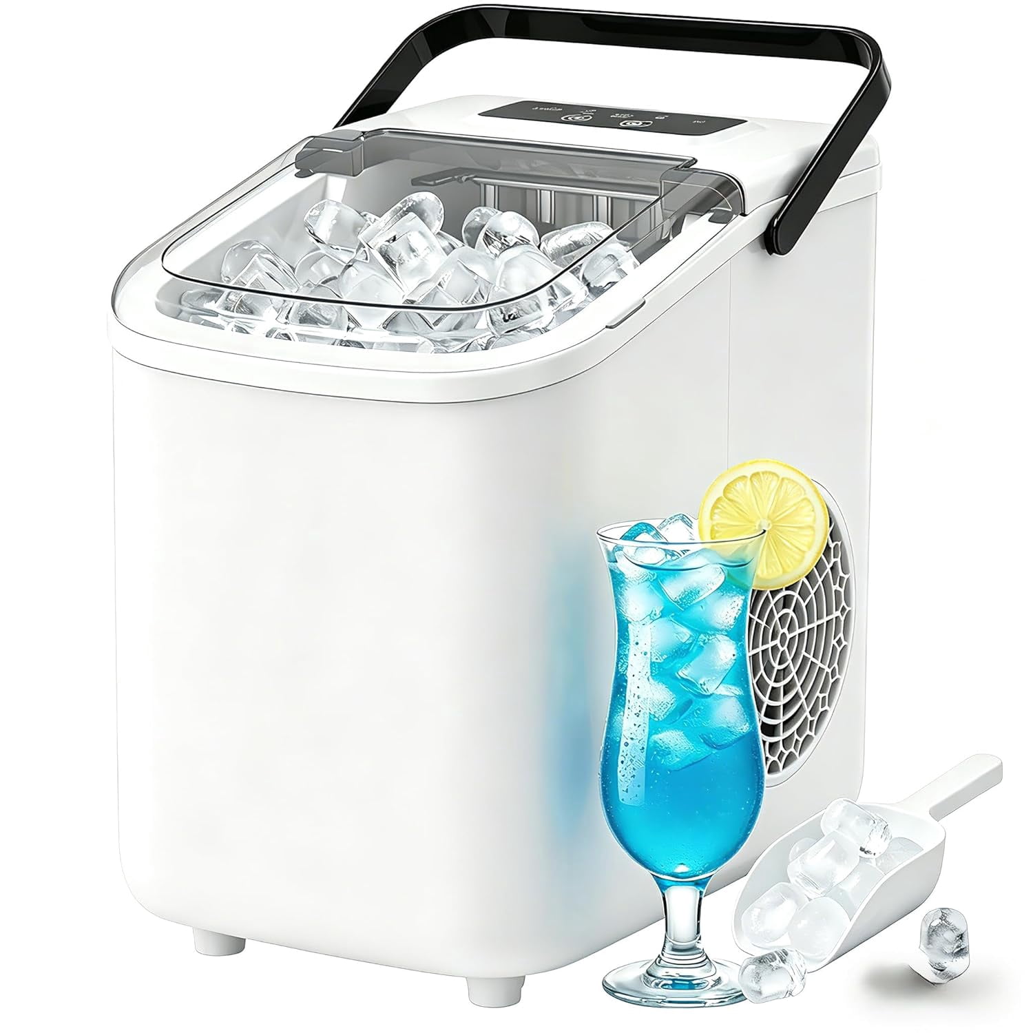 Countertop Ice Maker with Handle, Small Portable Self-Cleaning Ice Machine with Basket and Scoop， 26lbs/24H, 9 Ice Cubes in 6 Mins, for Home, Kitchen, Parties, Camping