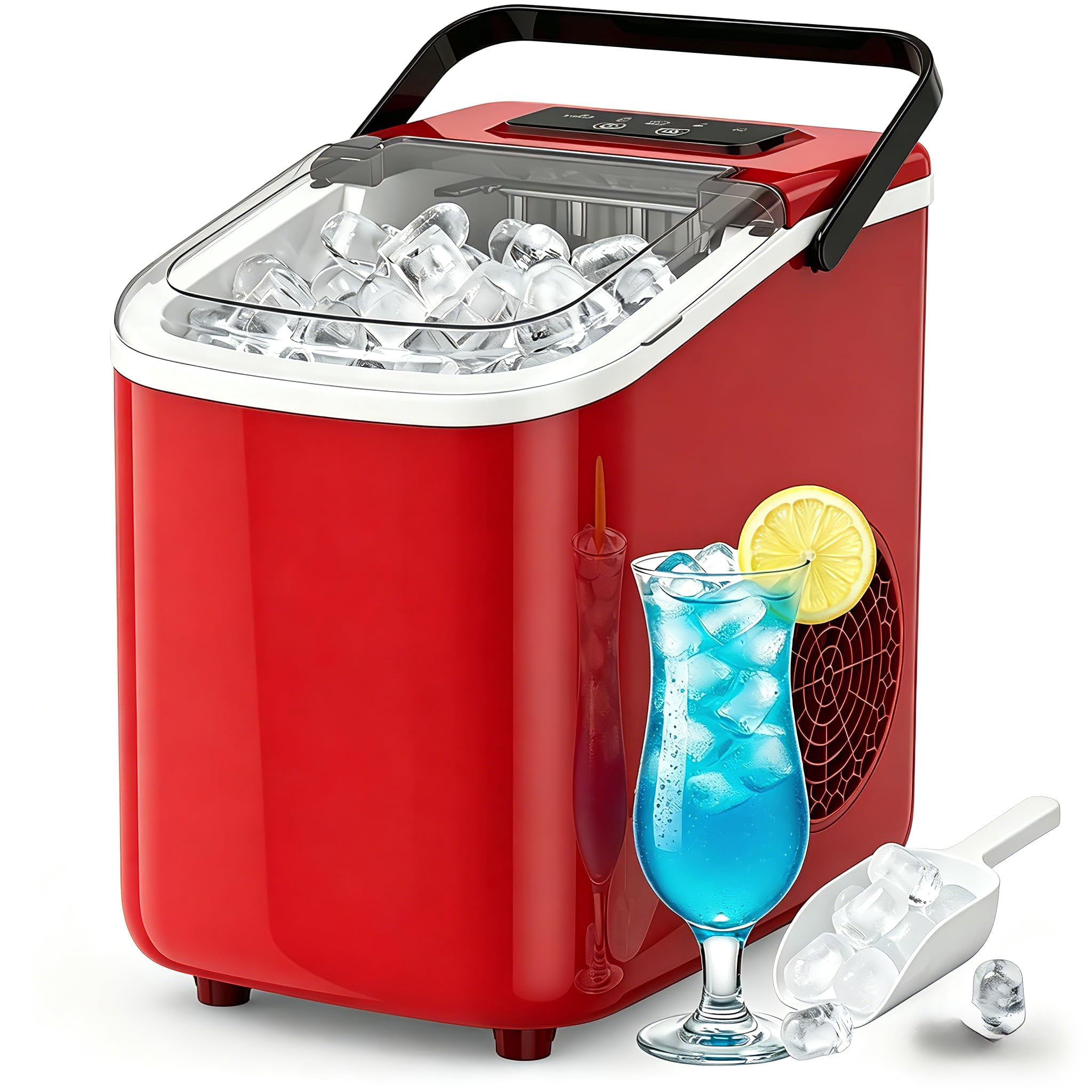 Countertop Ice Maker with Handle, Small Portable Self-Cleaning Ice Machine with Basket and Scoop， 26lbs/24H, 9 Ice Cubes in 6 Mins, for Home, Kitchen, Parties, Camping
