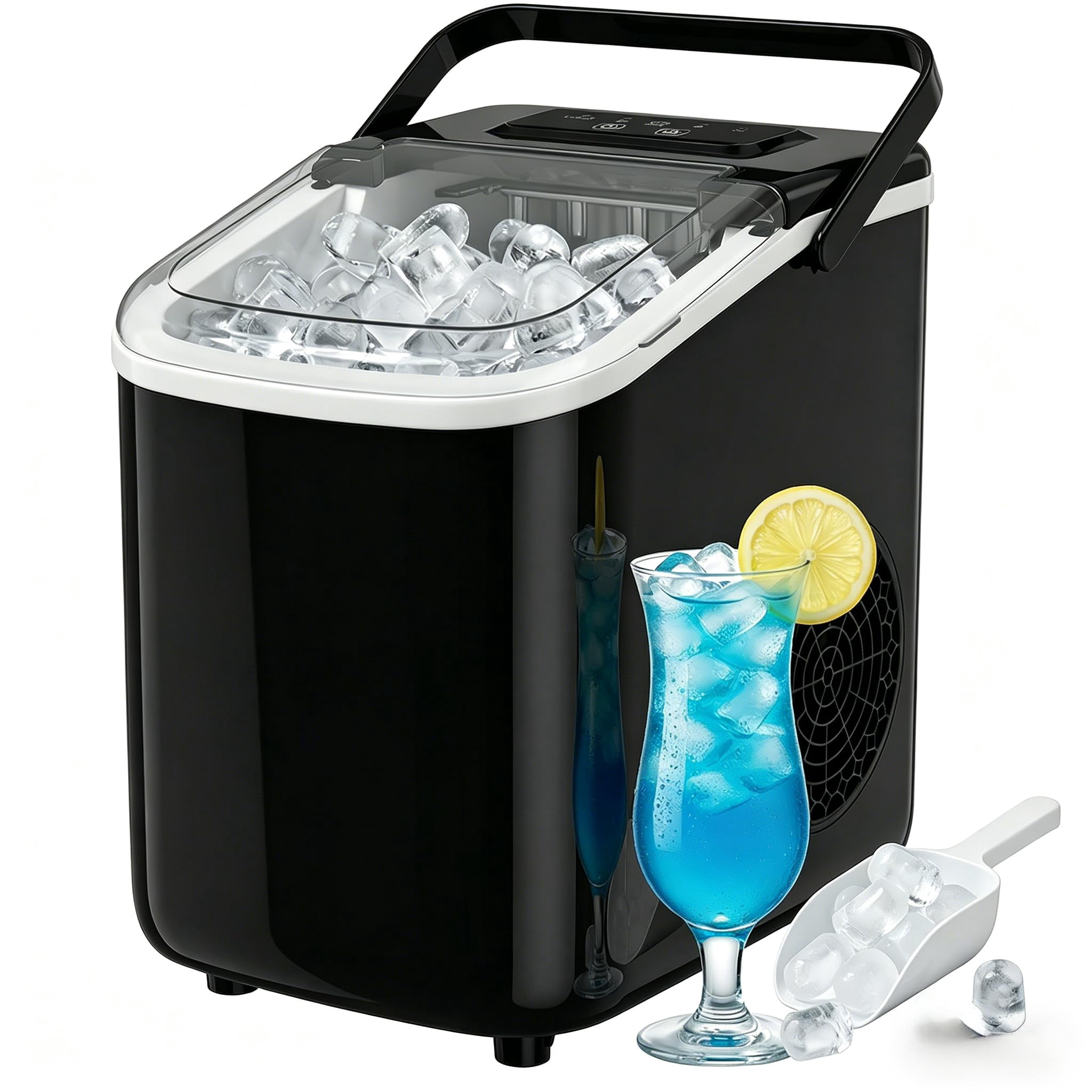 Countertop Ice Maker with Handle, Small Portable Self-Cleaning Ice Machine with Basket and Scoop， 26lbs/24H, 9 Ice Cubes in 6 Mins, for Home, Kitchen, Parties, Camping