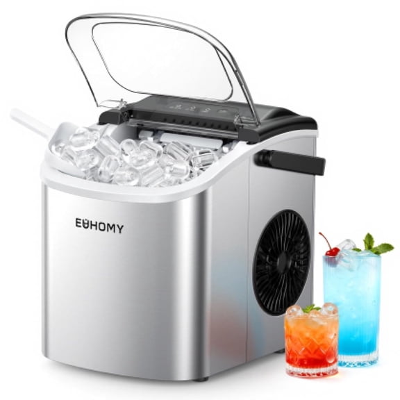 Countertop Ice Maker for Home/Camping/RV, Stainless Steel, Silver, 26lbs/day output, 9 cubes in 6 mins, auto-cleaning, portable with handle, basket and scoop