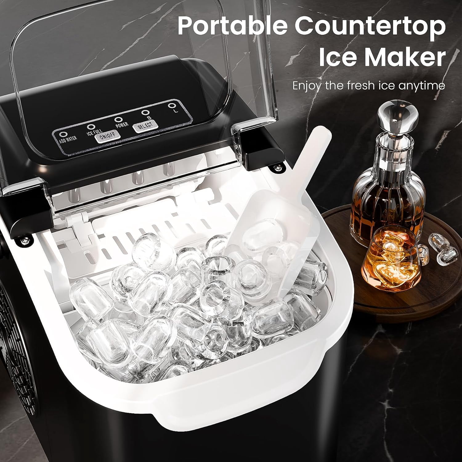 Countertop Ice Maker with Handle, 26.5lbs in 24Hrs, 8 Ice Cubes Ready in 6 Mins, Auto-Cleaning Portable Ice  for Home Office Kitchen Camping RV, Black