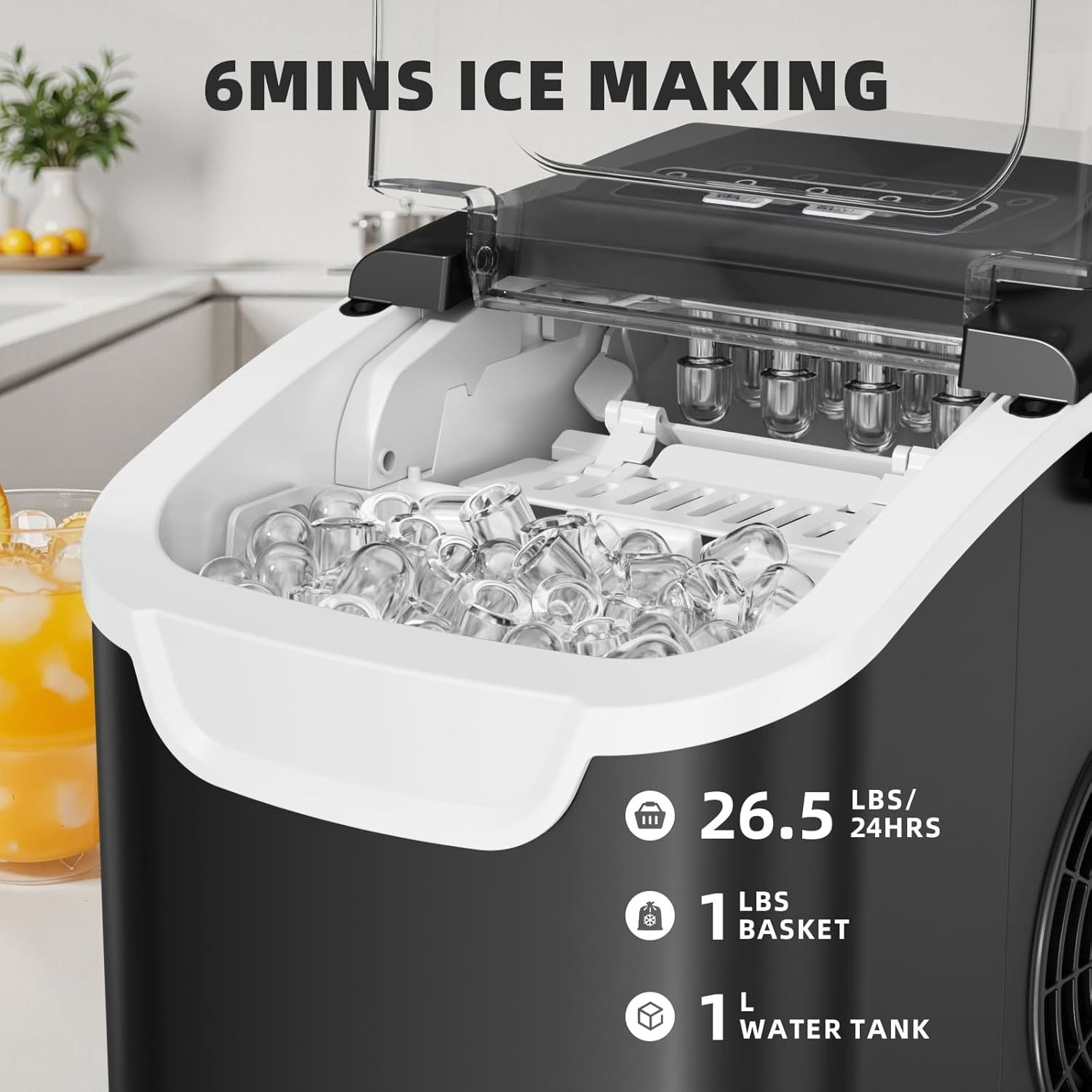 Countertop Ice Maker Machine, 8 Cubes in 6 Mins, 26.5 lbs/Day, Self-Cleaning, 2 Sizes, for Home/Kitchen/Camping/RV， Black