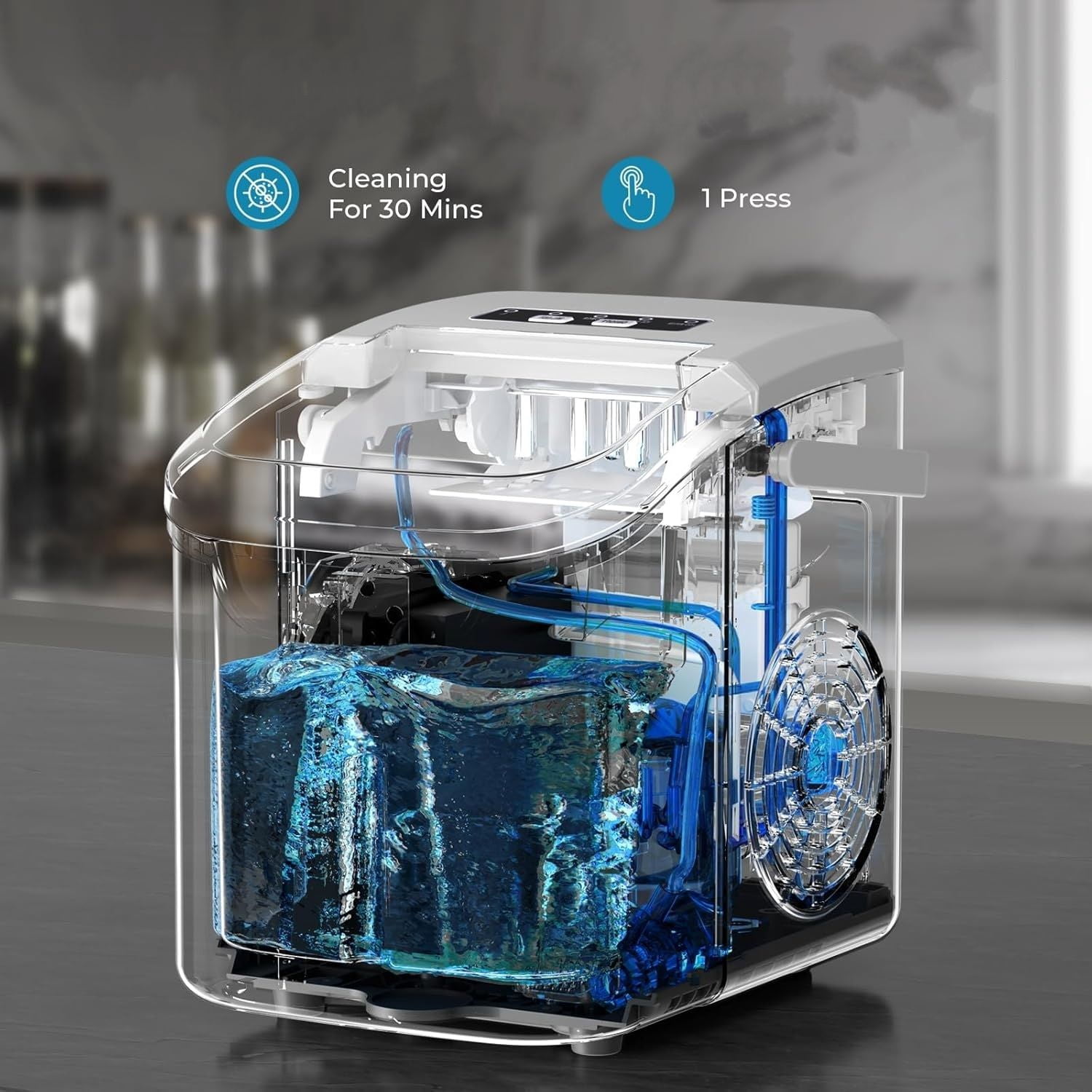 Countertop Ice Maker Machine, 8 Ice Cubes in 6 mins, 26lb/Day Bullet Ice with 2 Sizes- Portable Mini, Energy Saving & Basket/Scoop for Home/Party/Travel/Camping/Bar,Grey