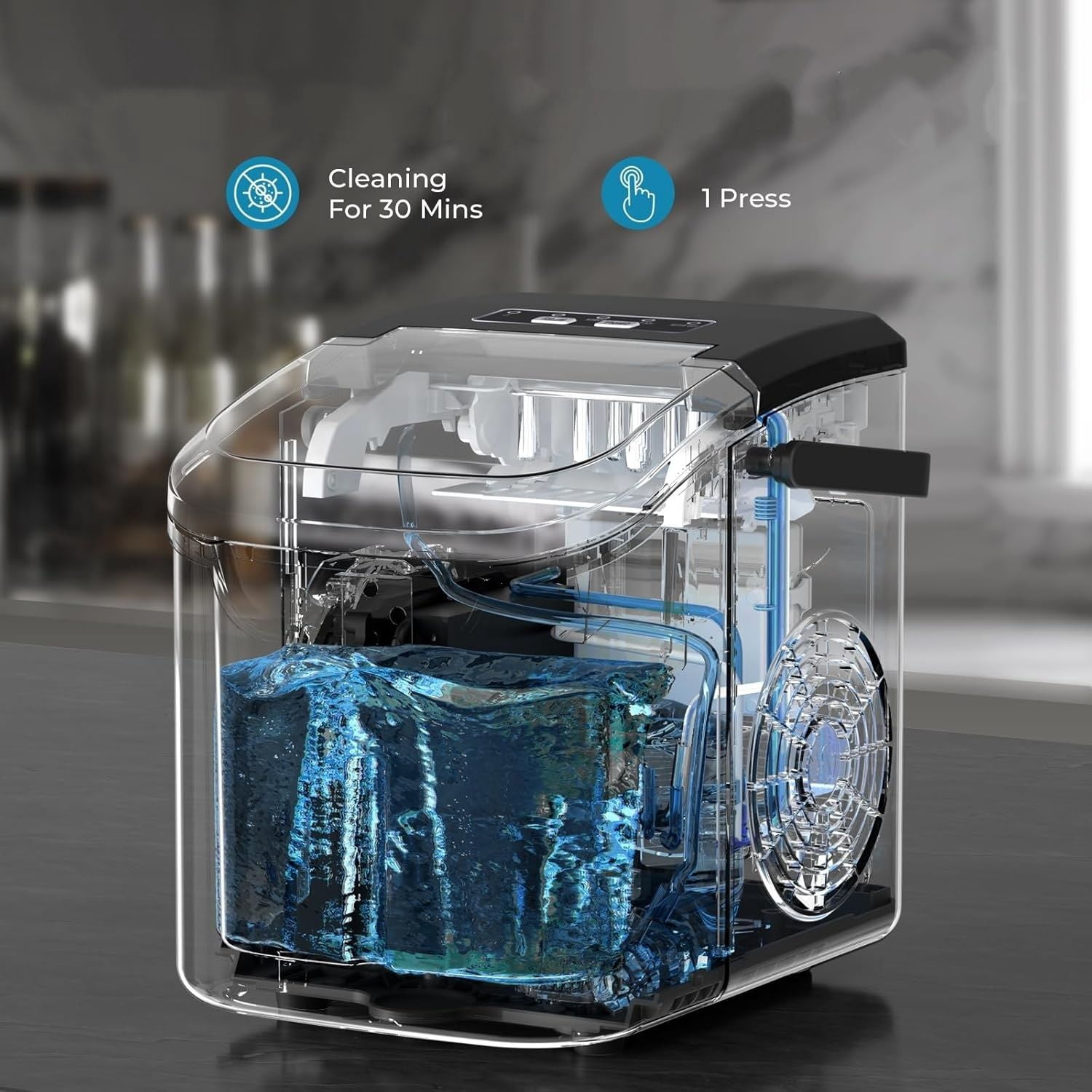 Countertop Ice Maker Machine, 8 Ice Cubes in 6 mins, 26lb/Day Ice with 2 Sizes- Portable Mini, Energy Saving & Basket/Scoop for Home/Party/Travel/Camping/Bar, Dark Black