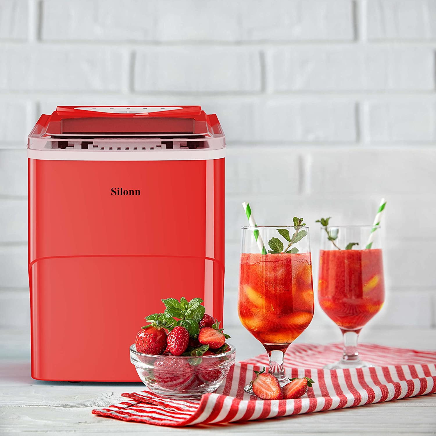 Countertop Ice Maker Machine, 9 Cubes in 6 Mins, 26lbs/Day Self-Cleaning with Scoop & Basket, 2 Ice Sizes for Home Kitchen Office Bar Party, Red
