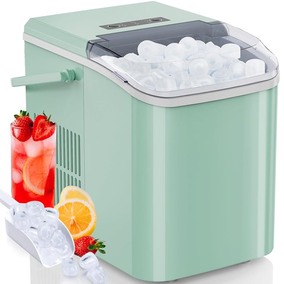 Countertop Ice Maker Machine, Fast Making 9 Ice Cubes in 6 Minutes, Portable Ice Maker with Self-Cleaning & Scoop, Basket & 26.5lbs/24Hrs, 2 Sizes Bullet Ice for Kitchen, Office, Party