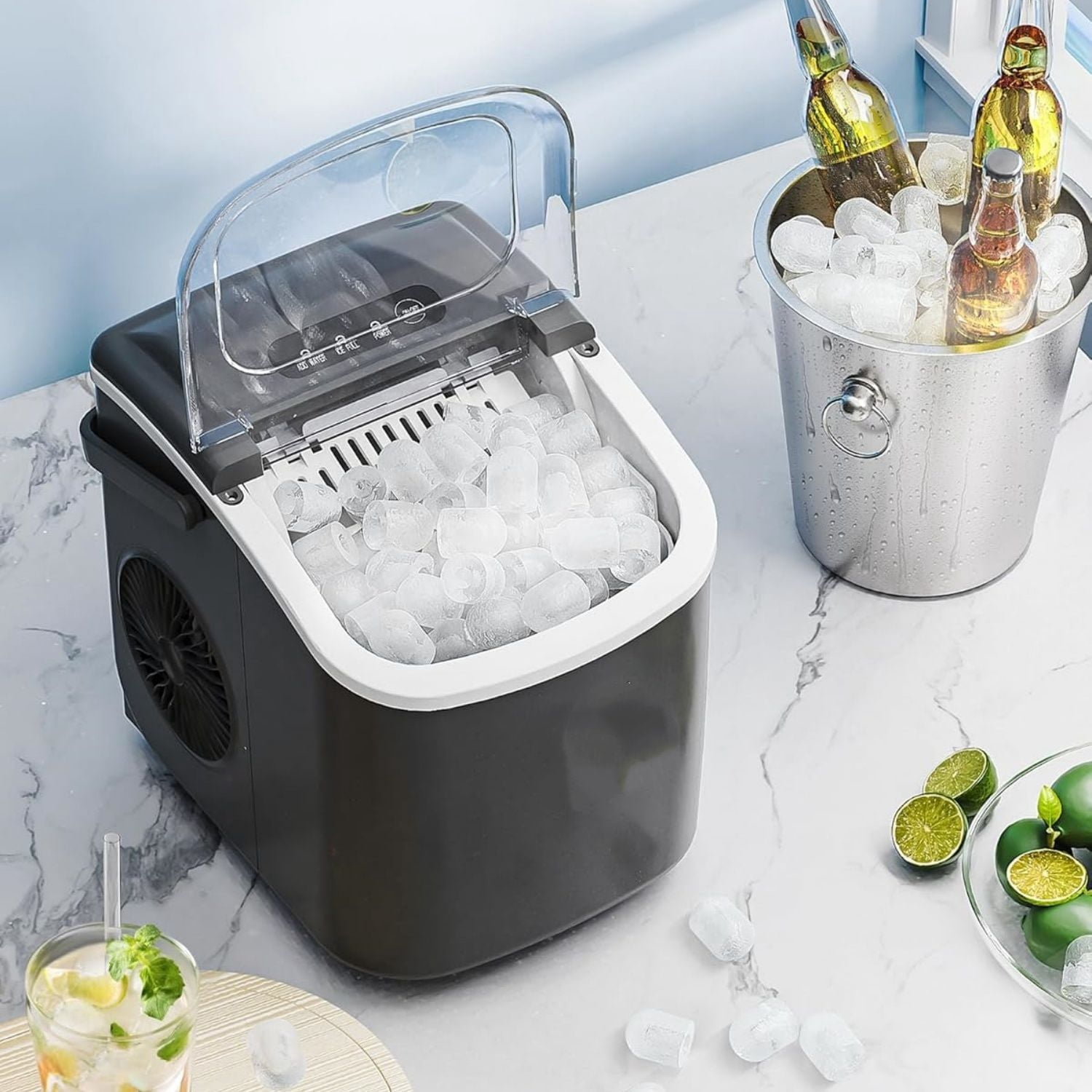Countertop Ice Maker Machine with Handle, 26.5lbs Per Day, 9 Ice Cubes Ready in 6 Mins, Auto-Cleaning Portable Ice Maker with Basket and Scoop, for Home/Kitchen/Camping/RV (Black)