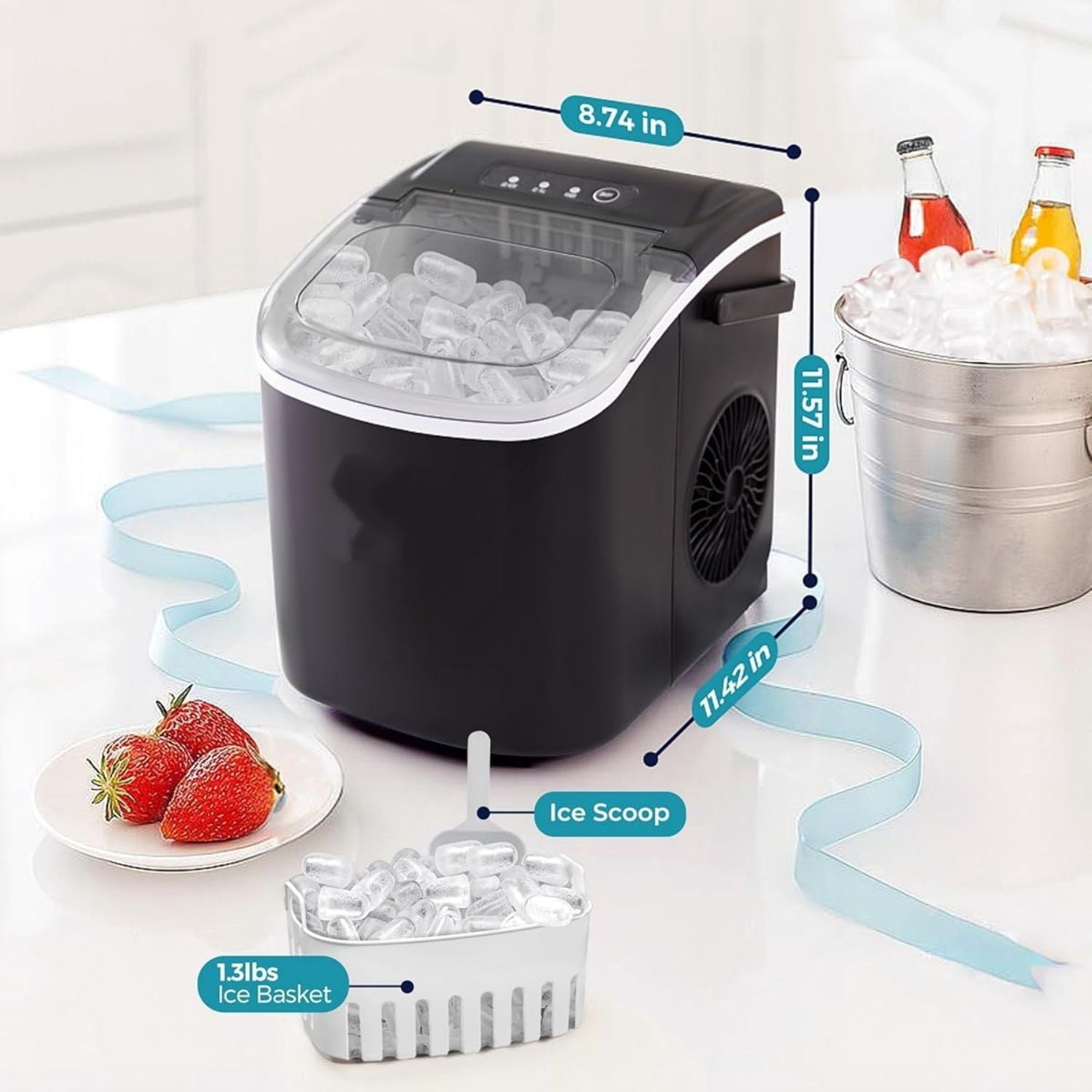 Countertop Ice Maker Machine with Handle, 26.5lbs Per Day, 9 Ice Cubes Ready in 6 Mins, Auto-Cleaning Portable Ice Maker with Basket and Scoop, for Home/Kitchen/Camping/RV