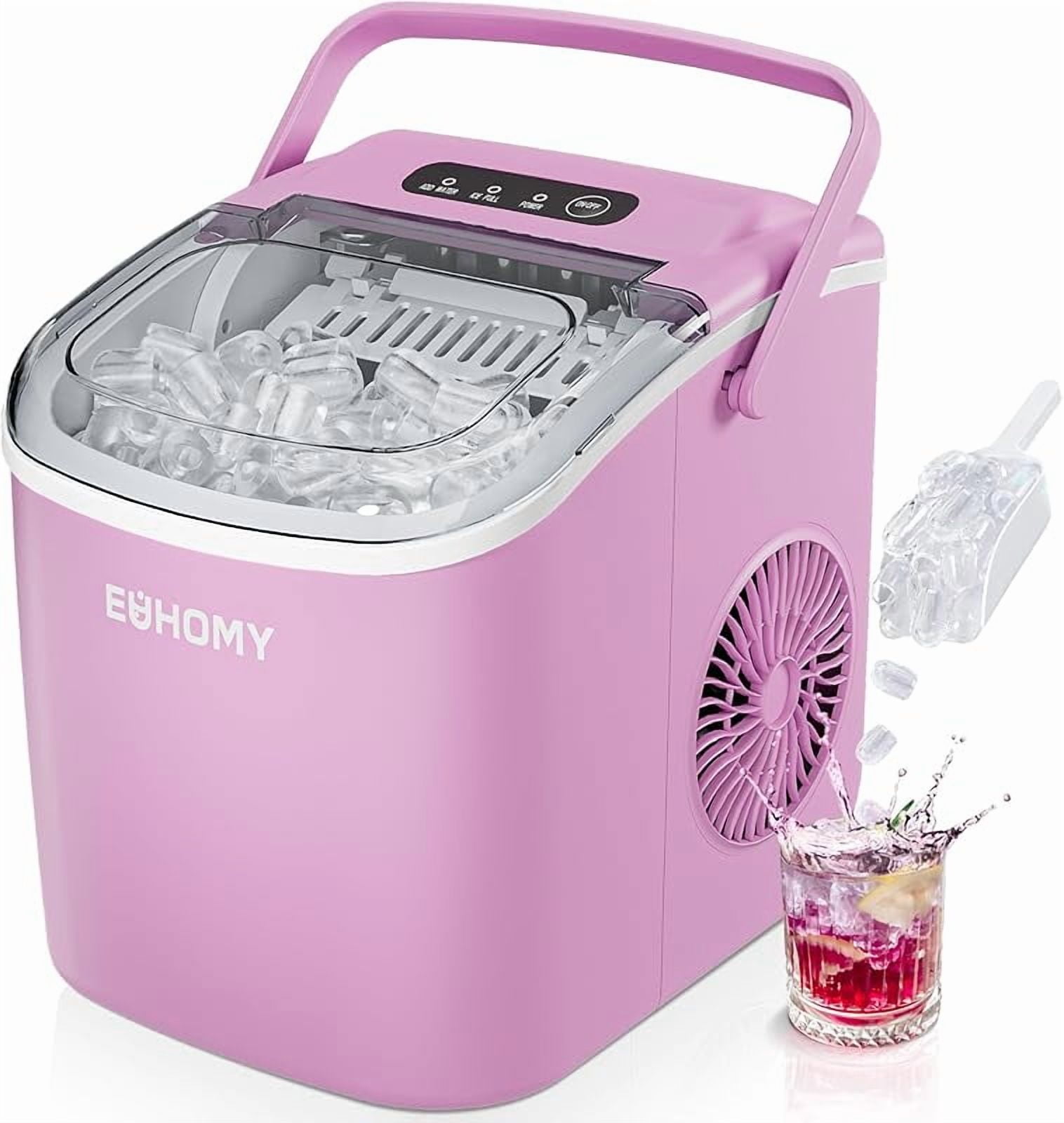 Countertop Ice Maker Machine with Handle, 26lbs in 24Hrs, 9 Ice Cubes Ready in 6 Mins, Auto-Cleaning Portable Ice Maker with Basket and Scoop, for Home/Kitchen/Camping/RV. (Pink)