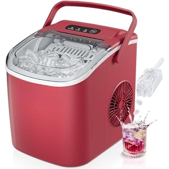 Countertop Ice Maker Machine with Handle, 26lbs Per Day, 9 Ice Cubes Ready in 6 Mins, Auto-Cleaning Portable Ice Maker with Basket and Scoop, for Home/Kitchen/Camping/RV (Red)