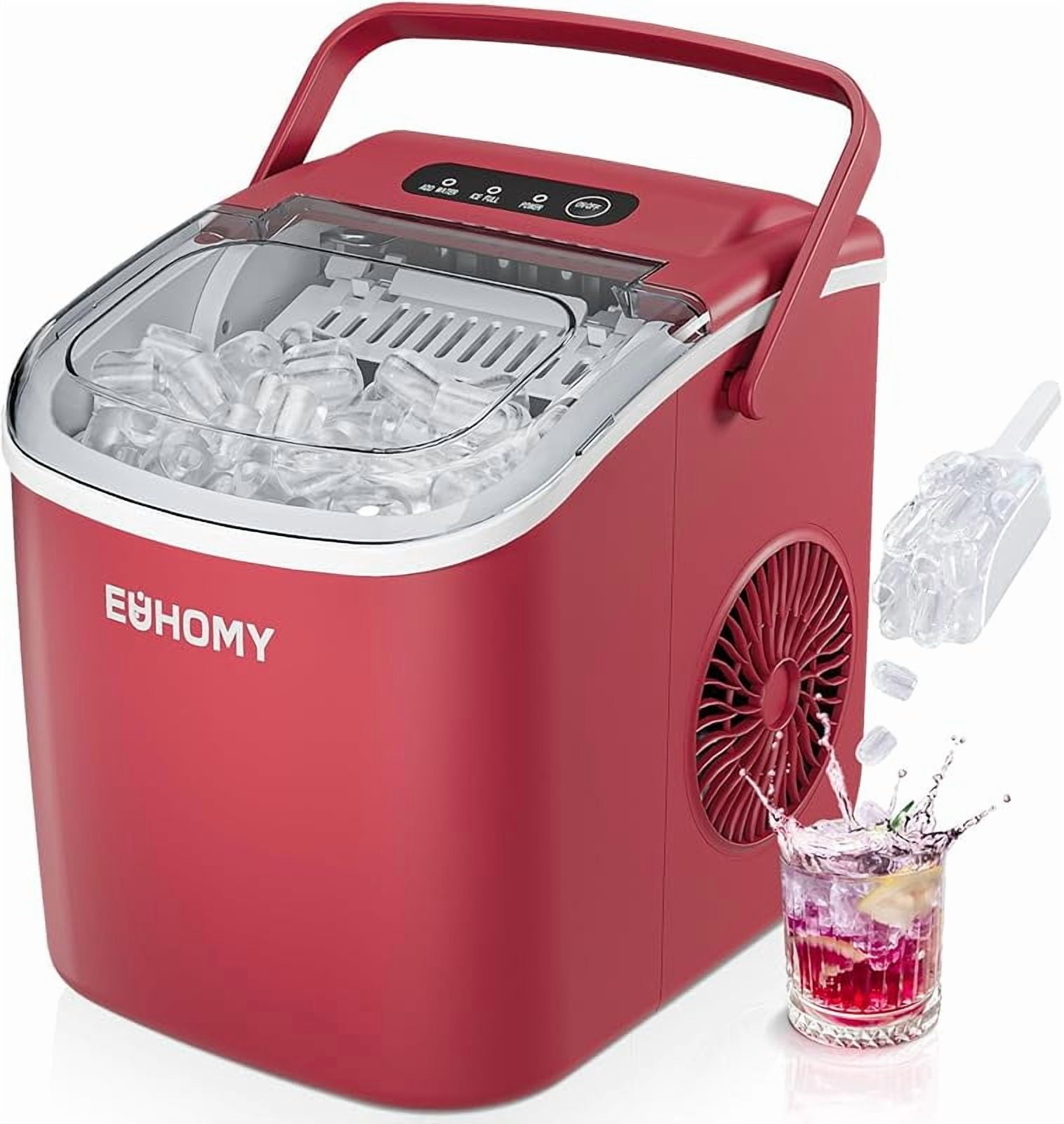 Countertop Ice Maker Machine with Handle, 26lbs Per Day, 9 Ice Cubes Ready in 6 Mins, Auto-Cleaning Portable Ice Maker with Basket and Scoop, for Home/Kitchen/Camping/RV (Red)