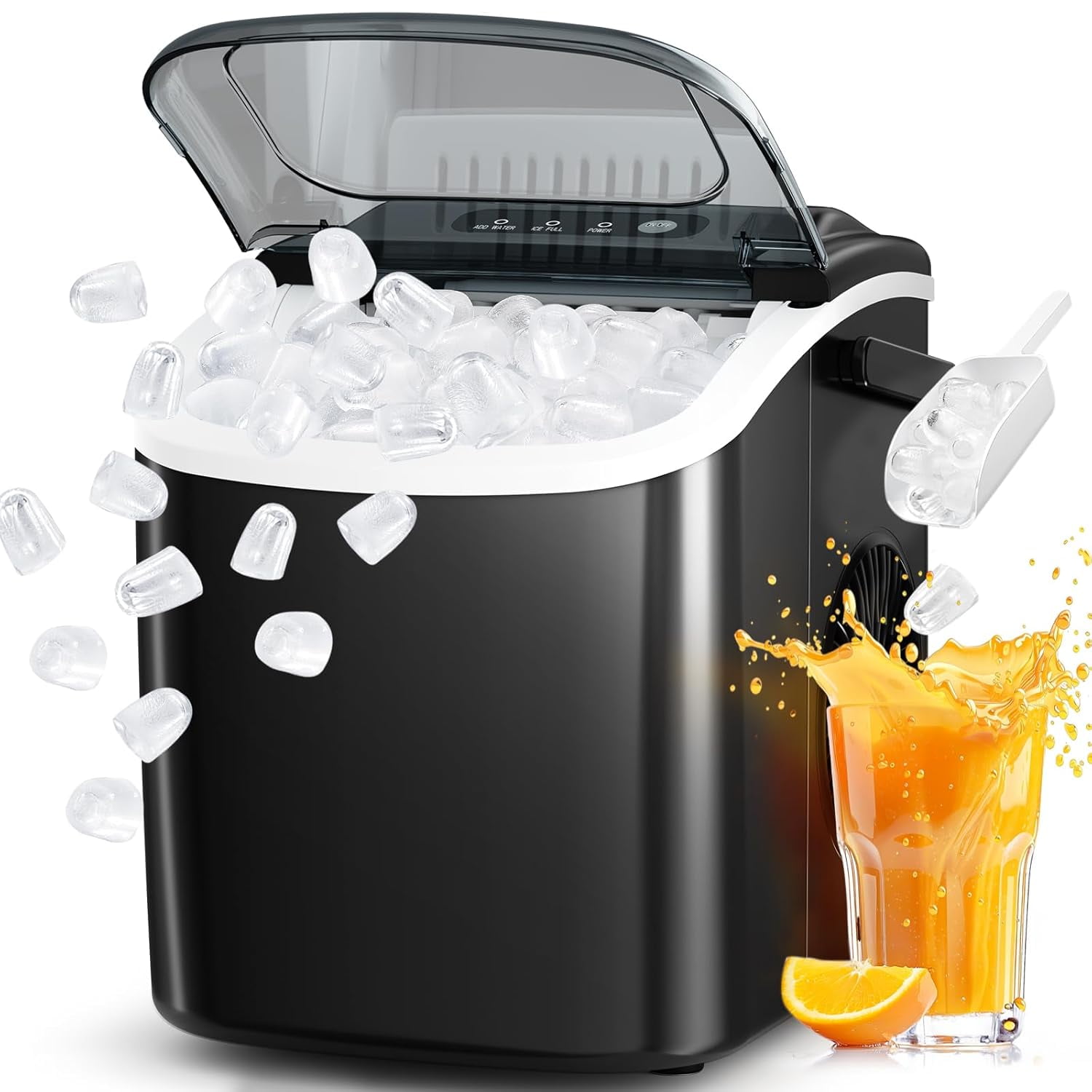 Countertop Ice Maker Machine, Portable Self-Cleaning with Ice Scoop and Basket, 26Lbs Per Day, 9 Cubes in 6 Mins for Kitchen Office Party (Black)