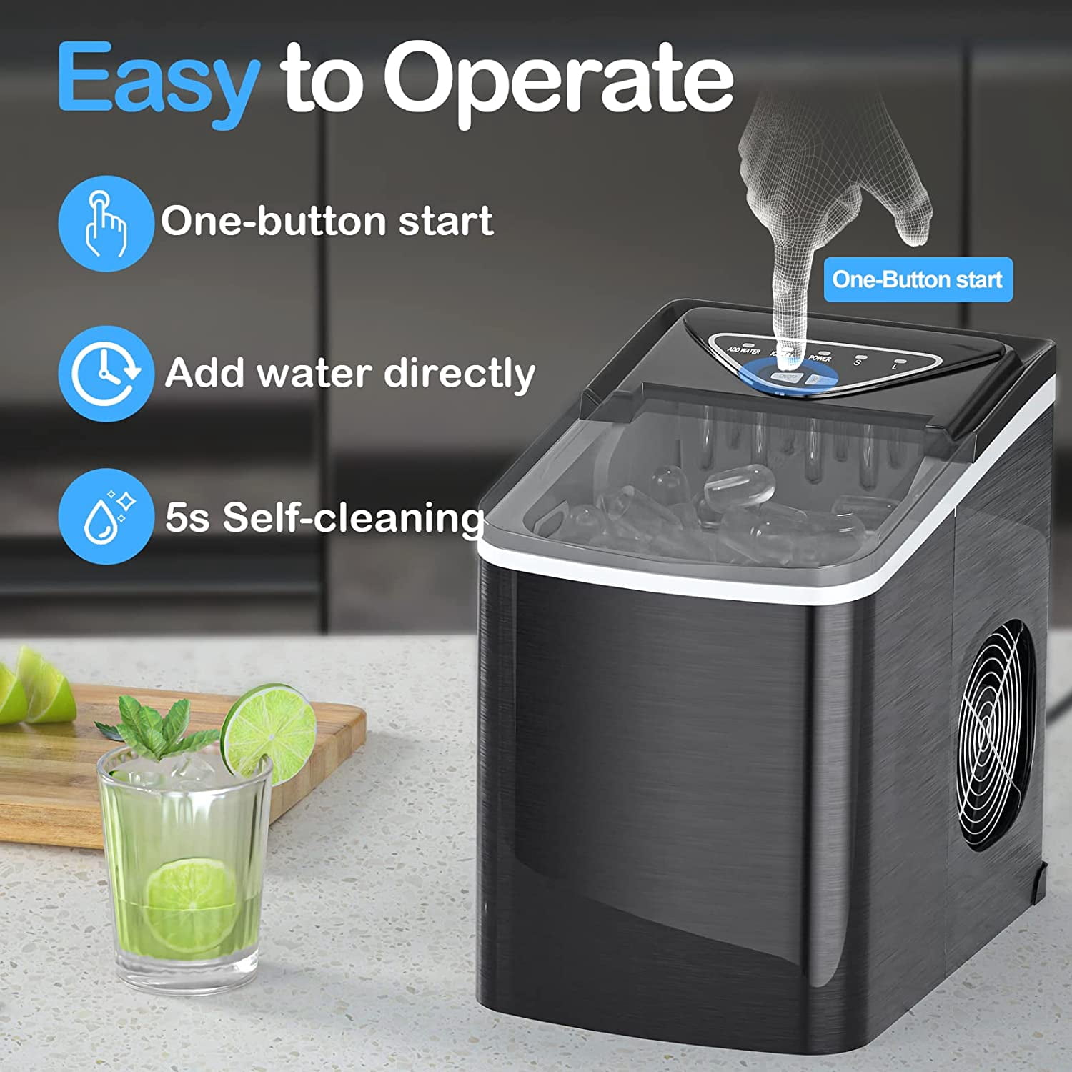 Countertop Ice Maker Machine Self Cleaning 26L/24H Portable Icemaker with Scoop Basket for Home Office Bar Black