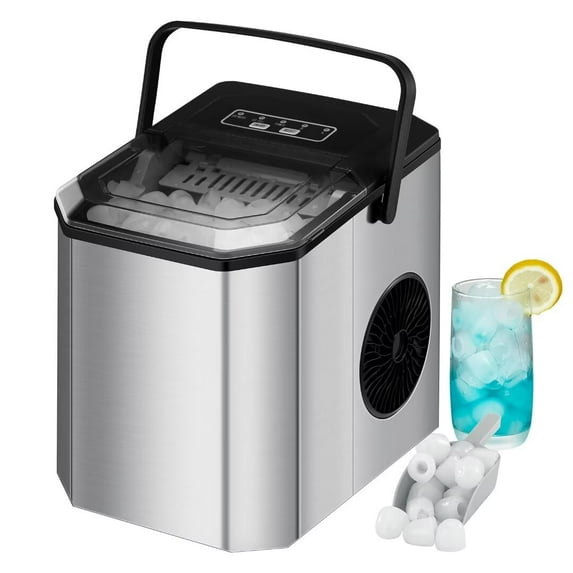 Countertop Ice Maker Machine with Handle, 26lbs in 24Hrs, Portable Ice Machine with Ice Scoop, Self-Cleaning for Home Kitchen Camping