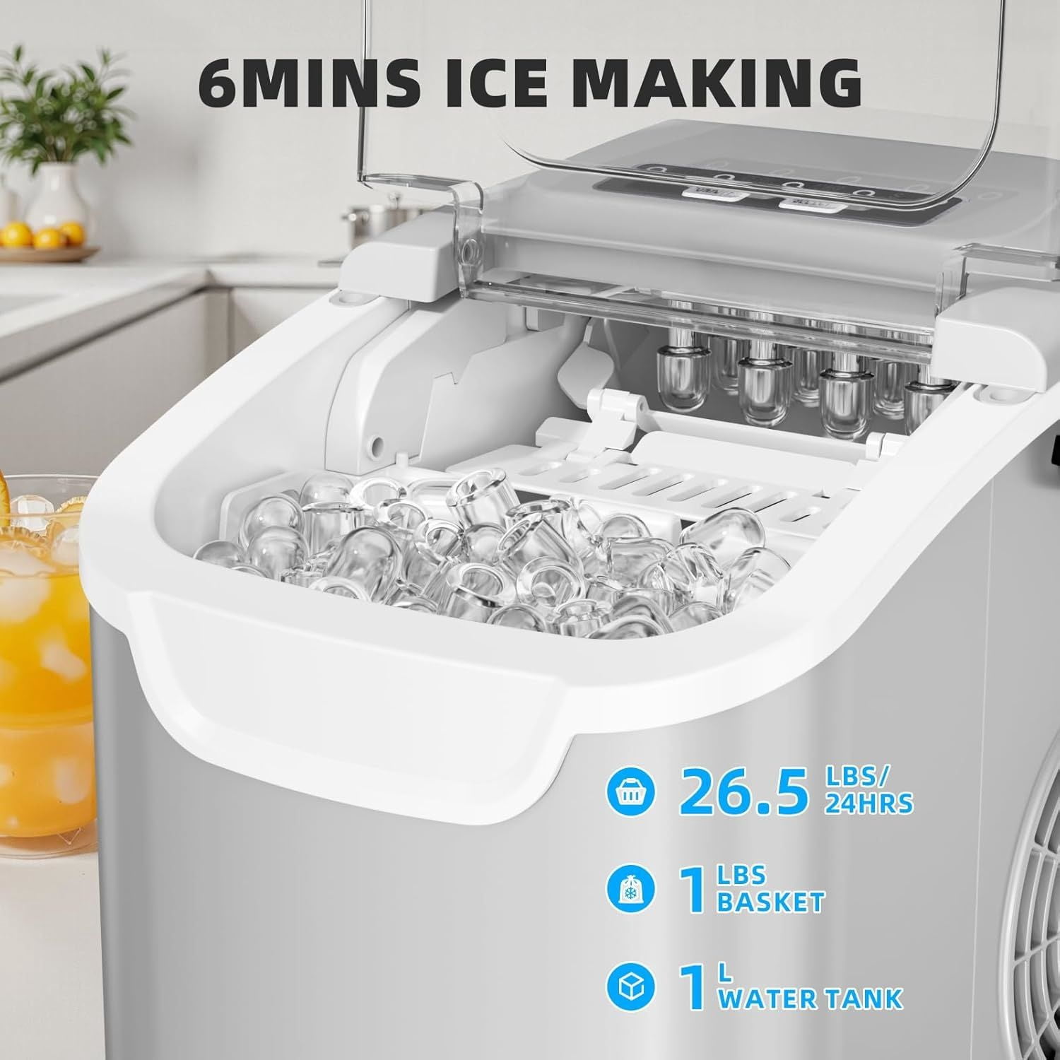 Countertop Ice Maker, Portable Ice Machine with Carry Handle, 26.5Lbs/24H, 2 Sizes Bullet Ice, 8Cubes in 6 Mins Office/Kitchen/Bar Grey