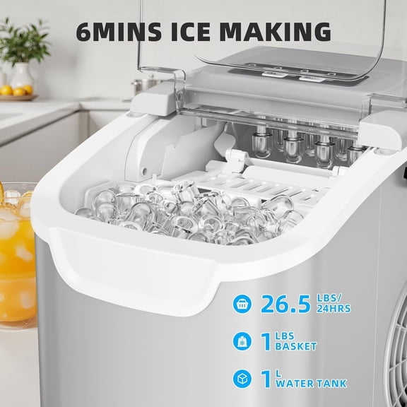 Countertop Ice Maker, Portable Ice Machine with Carry Handle, 26.5Lbs/24H, 2 Sizes Bullet Ice, 8Cubes in 6 Mins Office/Kitchen/Bar Grey